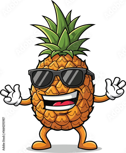 A cheerful cartoon pineapple wearing sunglasses, arms outstretched in a welcoming gesture.