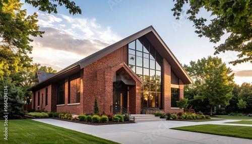 A modern suburban church with clean brick facade and large windows

