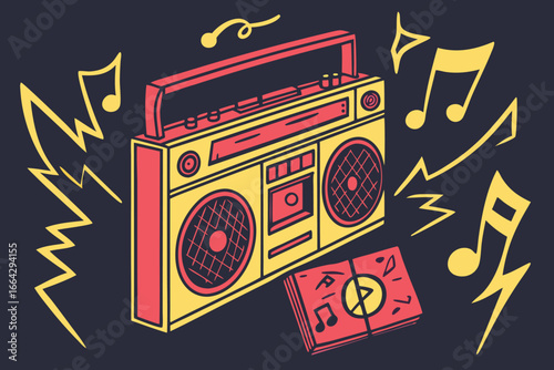 Retro boombox blasting music notes graffiti style silhouette design featuring a classic portable music player with sound waves and musical symbols in a vibrant urban art aesthetic