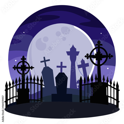 Spooky cemetery under a full moon