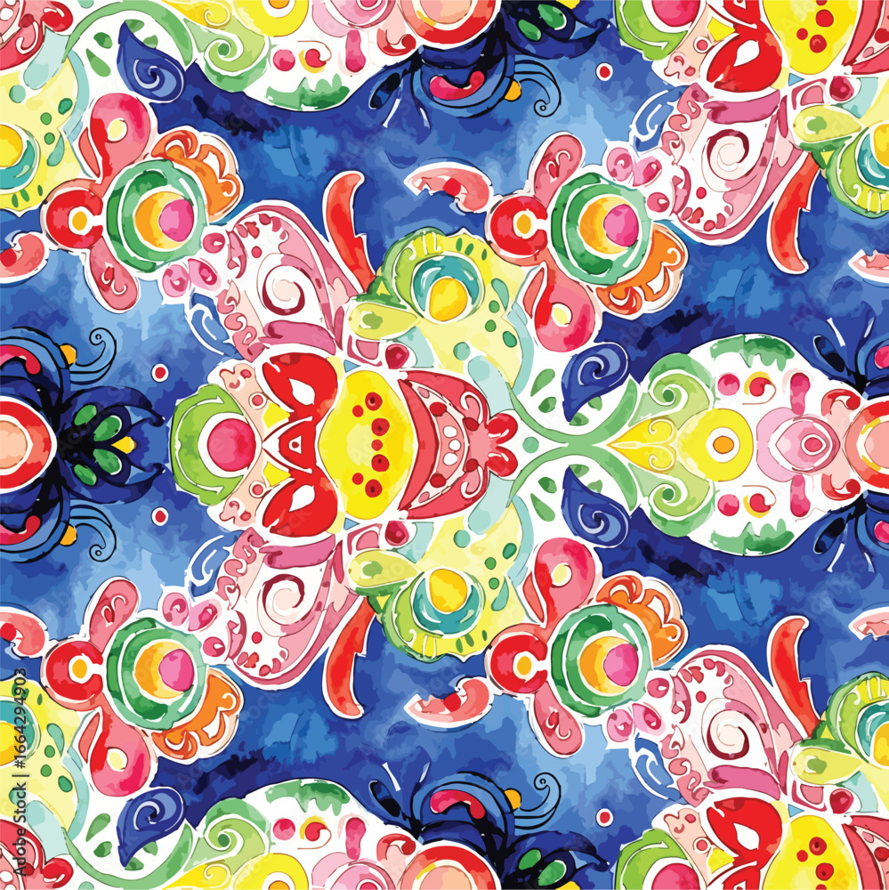 Fototapeta premium Seamless Pattern, Vibrant watercolor pattern design featuring a kaleidoscope of floral and abstract shapes Stock royalty free.