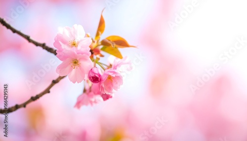 Delicate pink cherry blossoms bloom on a branch against a soft, pastel backdrop.