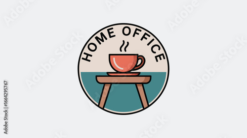 Illustration of a home office logo with a steaming cup on a stool inside a circular design frame