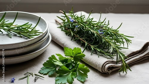 Fresh rosemary and parsley on a linen cloth, highlighting culinary herbs.