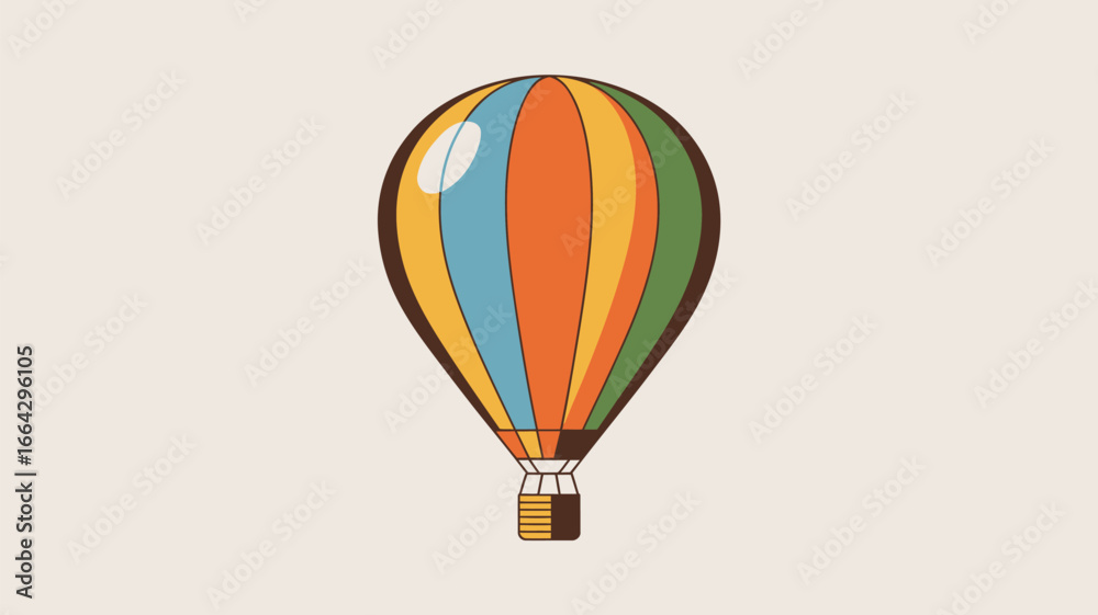 Fototapeta premium A vibrant hot air balloon with vertical stripes of blue, orange, yellow, and green against a plain backdrop