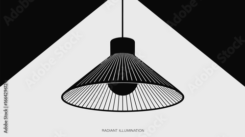 A minimalist illustration of a hanging lamp with a conical shade in black and white contrast design