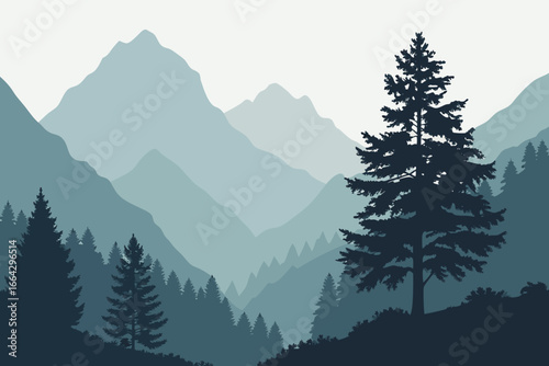 Abstract geometric mountain landscape with blue and green tones featuring a striking silhouette