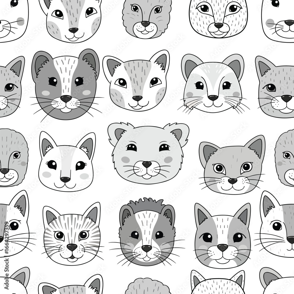 Fototapeta premium Seamless Pattern, Seamless pattern of adorable animal faces in monochrome vector illustration Stock royalty free.