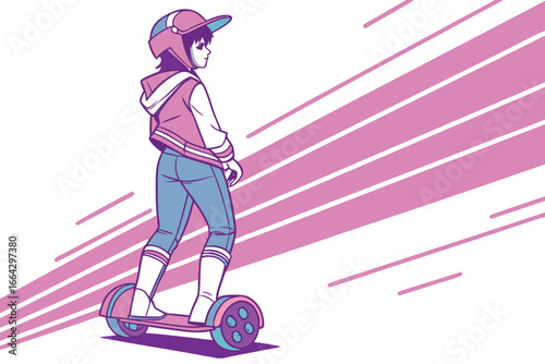 Futuristic anime girl riding a neon hoverboard silhouette design featuring a young woman in motion with a vibrant glow