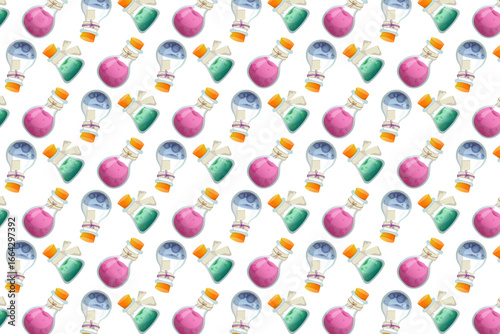 Vector illustration of a seamless pattern featuring colorful potion bottles with corks. Perfect for fantasy-themed designs or backgrounds, showcasing magic and alchemy elements.