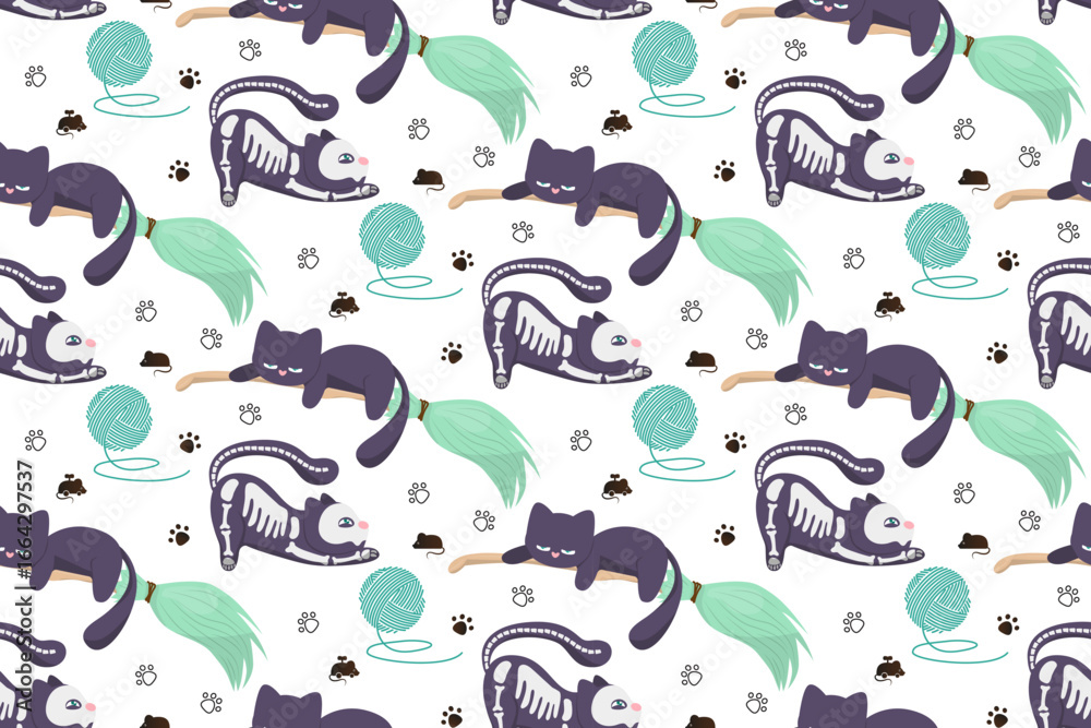 Naklejka premium Seamless pattern featuring cute cats with skeleton designs playfully interacting with yarn balls, mice, and paw prints. This vector illustration is perfect for textiles or wallpaper.