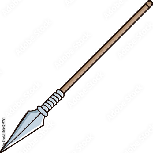 A stylized illustration of a medieval spear, featuring a metallic spearhead and a wooden shaft.