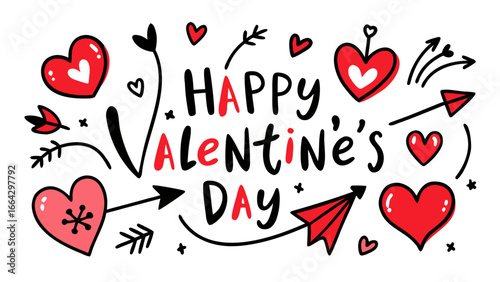 Colorful illustration featuring hearts, arrows, and playful typography conveying a cheerful message for Valentine's Day celebration and romantic expressions of love and affection