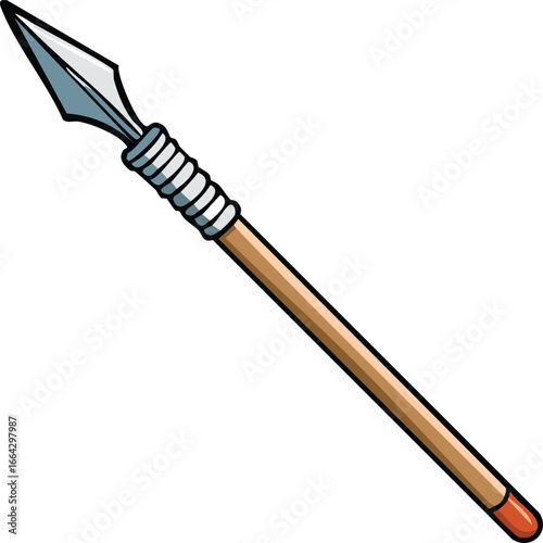 A cartoon illustration depicts a spear with a metal blade and wooden shaft.