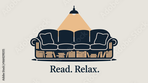Illustration of a couch with built in bookshelves and a lamp shining above it on a light background