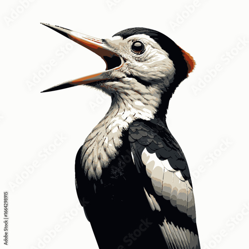 An energetic woodpecker with an open beak drills into a tree in a bold style. The illustration captures the bird's striking black and white feathers and dynamic pose against a plain background