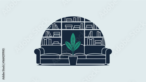 A graphic illustration of a couch in front of a bookshelf with a plant in the center of the couch