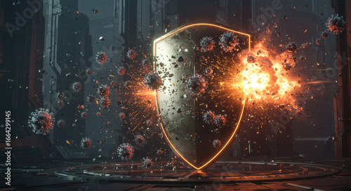 Futuristic glowing shield offers powerful protection, acting as an impenetrable barrier against invading viruses and pathogens
