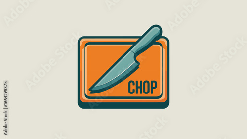Illustration of a kitchen knife diagonally across an orange background with the word chop on it