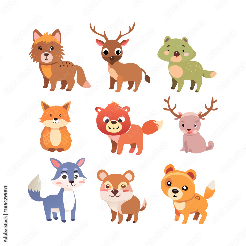 Obraz premium Adorable Cartoon Forest Animals: Nine Cute Illustrations, Perfect for Children's Products