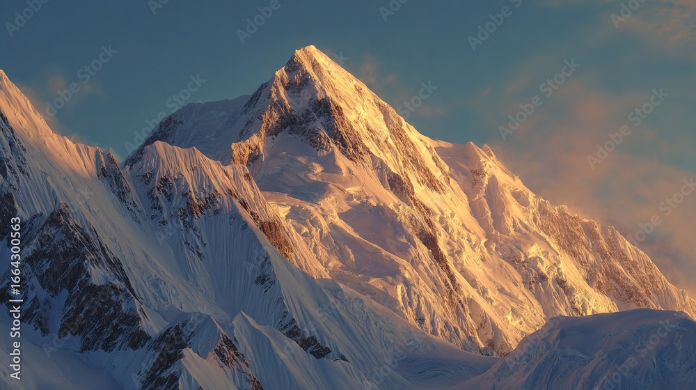 Fototapeta premium A towering snow-capped mountain emerges from under a cloudy blue sky with a gentle dusting on its summit