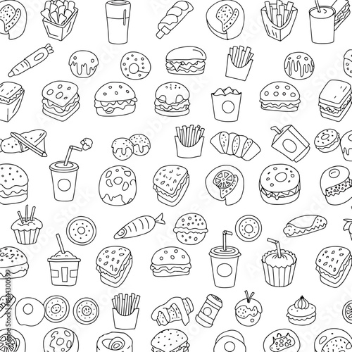 Seamless Pattern, Seamless pattern of fast food doodles including burgers, fries, donuts, and drinks Stock royalty free.