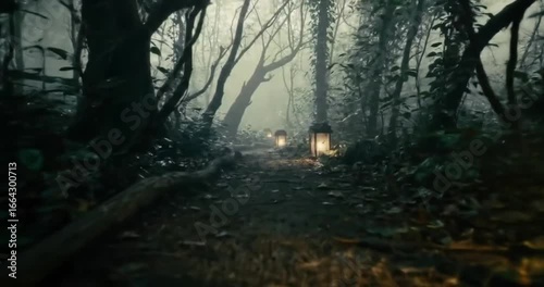 Halloween's Whispers A Spooky Trail Through the Dark, Foreboding Woods at Night, Lit by Lanterns