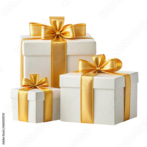 Stack of white gift boxes with gold ribbons isolated on transparent background