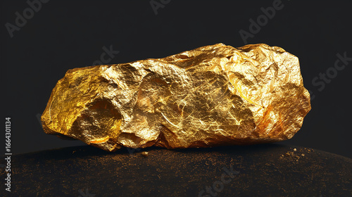 A substantial nugget of raw, unrefined gold gleams brilliantly under a bright light, showcasing its natural, irregular texture and rich, metallic yellow hue against a stark white backdrop