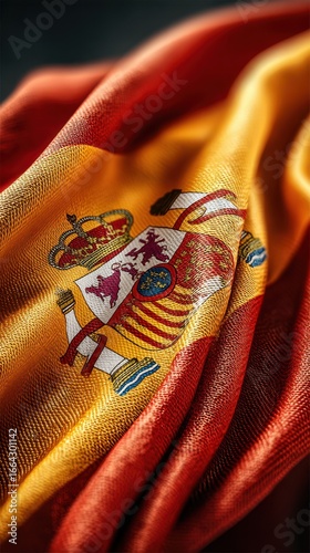 Spanish flag waves gently, showcasing vibrant colors and intricate details, symbolizing national pride and heritage