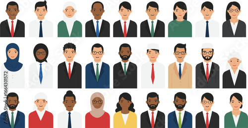 Diverse multicultural office team vector illustration, professional cartoon characters in formal attire, business people standing group, workplace diversity concept