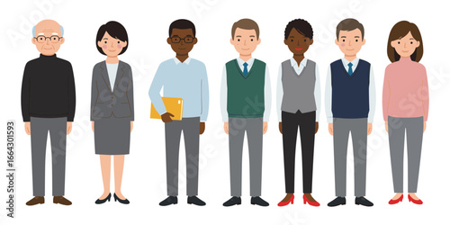 Diverse office team flat vector illustration, business professionals standing in line, corporate people group cartoon design, workplace diversity concept