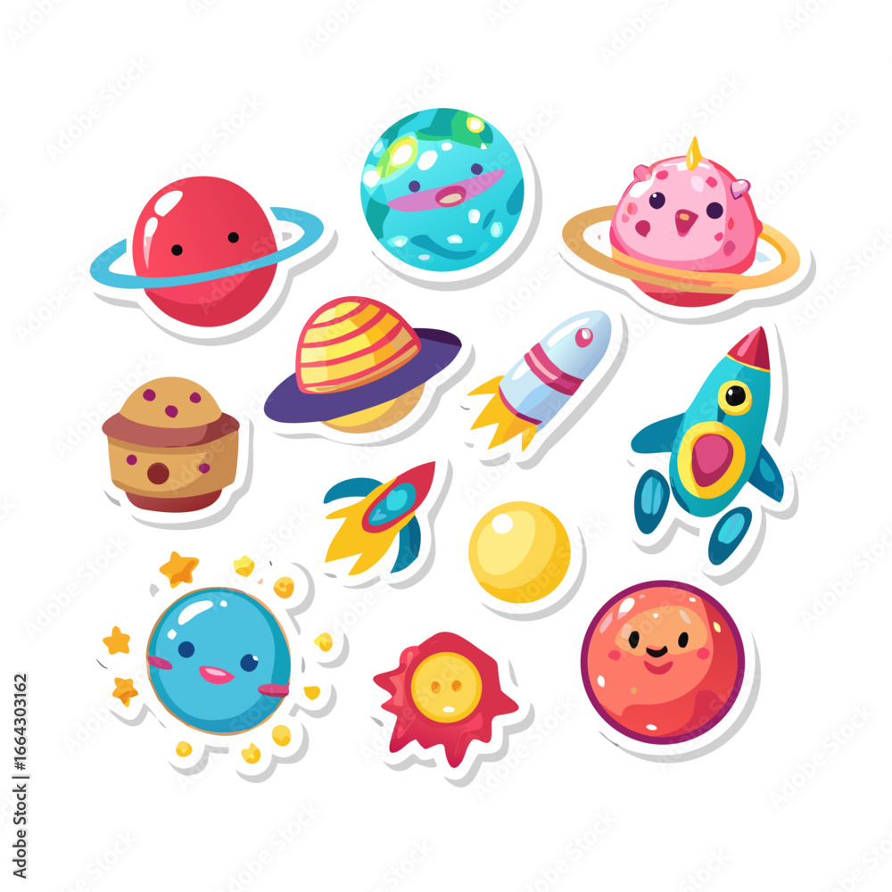 Fototapeta premium Cute Cartoon Space Planets, Rockets, and Stars: Fun Kids Stickers Collection