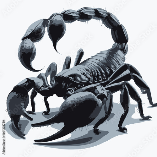 A monochrome artistic illustration of a scorpion with sharp claws and a raised stinger. The detailed shading and texture highlight its fierce appearance, making it suitable for nature, wildlife