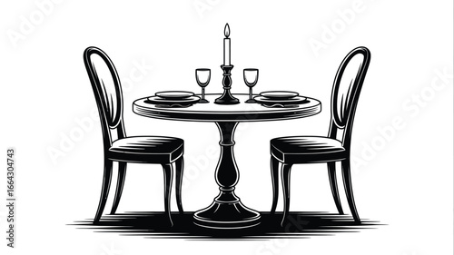 A black and white illustration of a round table set for two with a candle and two chairs nearby