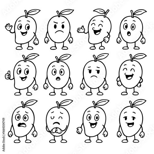 Icon sheet, cartoon character or mascot, mango fruit, outline edition