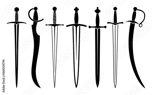 Collection of Silhouetted Swords and Sabers on White Background