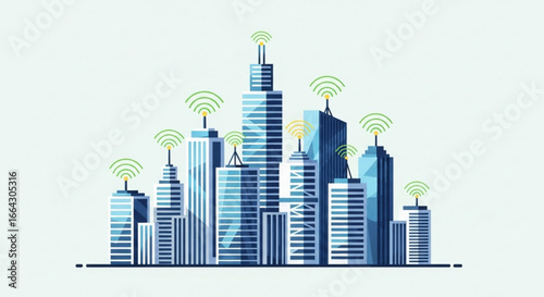 Smart city network connectivity wireless technology skyscrapers urban landscape communication infrastructure