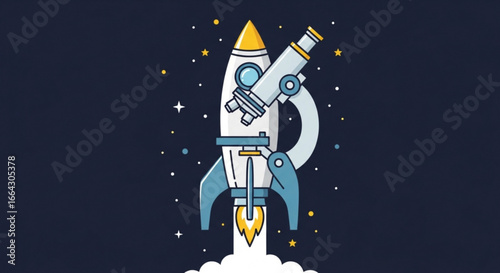 Rocket science and microscope vector illustration for space exploration and scientific discovery art