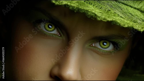 Woman with Green Makeup and Hat Showcasing Beauty and Unique Fashion in Studio Lighting