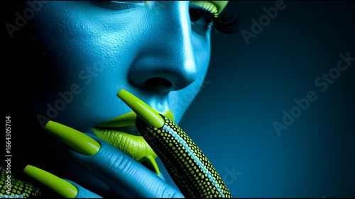 Futuristic Beauty Portrait with Neon Colors Highlighting Face, Lips, and Elegant Fingernails Against Dark Background