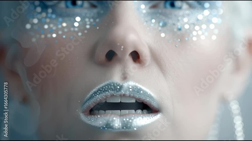 Woman with Ice Blue Eyes and Glitter Makeup, Elegant Hands Framing Face, Winter Fantasy Portrait