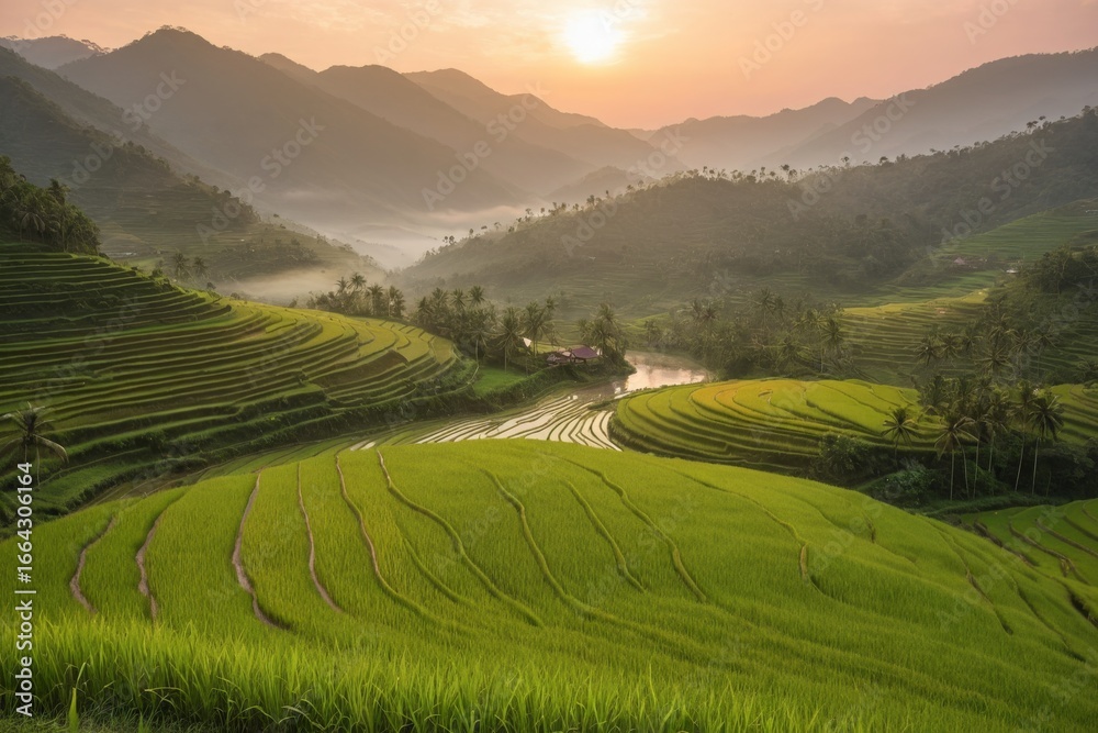 Fototapeta premium Reisfeldterrassen im Morgengrauen mit Nebel und Bergen im Hintergrund