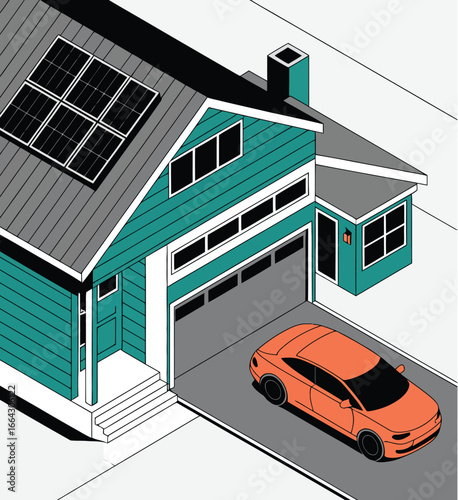 Isometric view of a modern teal house with solar panels on the roof and an orange car in the driveway