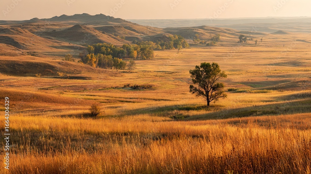 Obraz premium A solitary tree in a field with a distant hill and surrounding hills