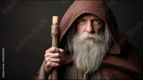 Wise Old Man with Long Beard and Staff in Brown Cloak Under Dramatic Lighting for Fantasy Theme Imagery