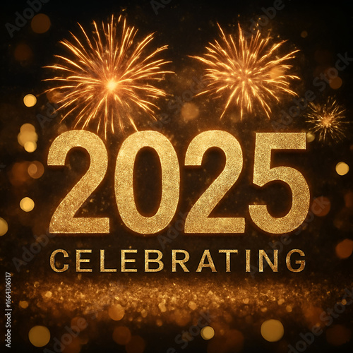Festive New Year 2025 celebration with glittering gold numbers, fireworks, and bokeh lights on a dark background.

