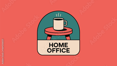 A stylized illustration of a mug on a stool with the words home office against a coral background