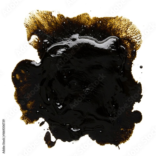 An irregular spill of dark oil with reflective patches on a white background