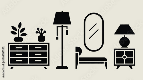 A simple illustration of a bedroom interior with a dresser, lamps, mirror, and a small chair